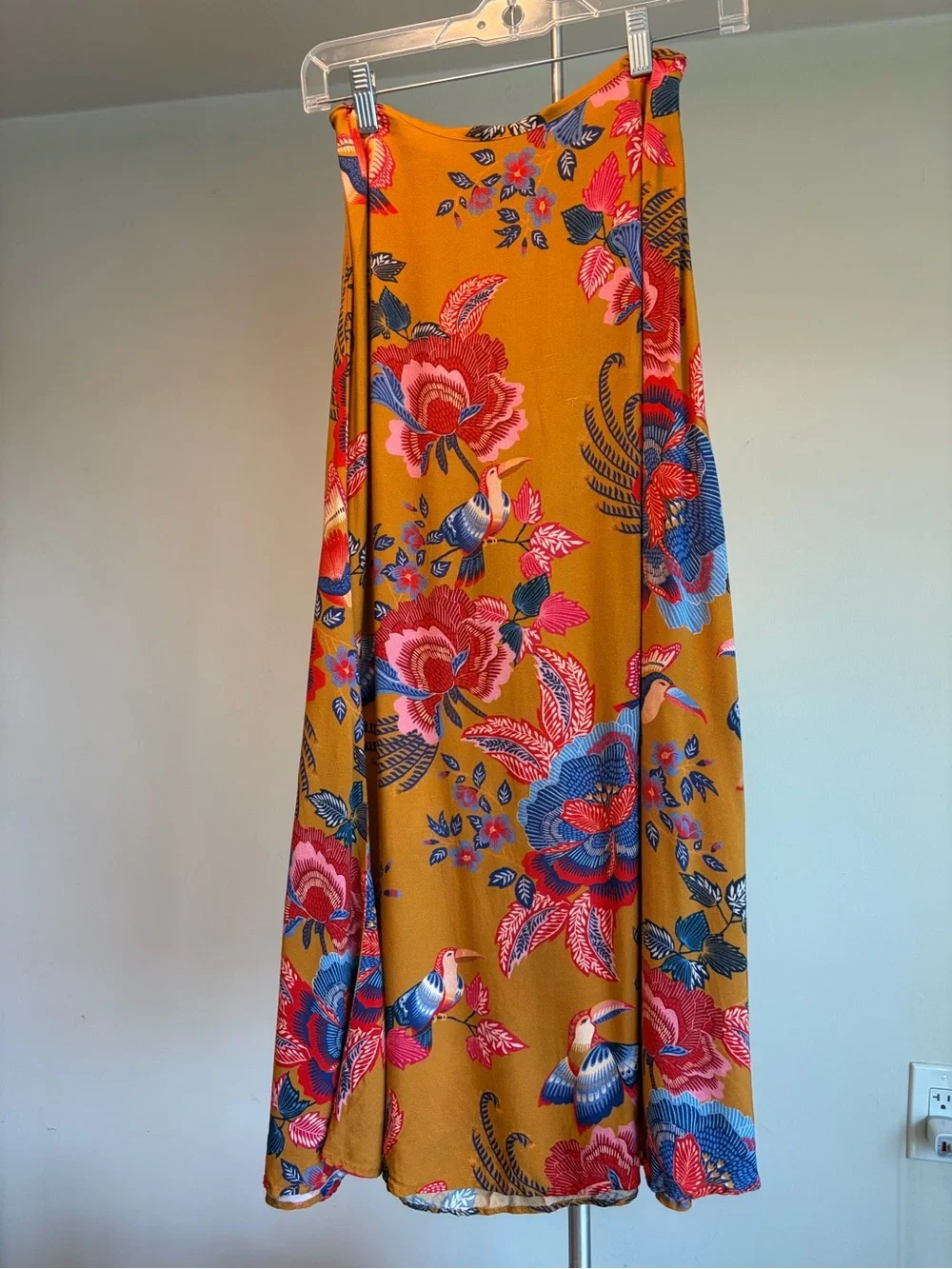 Farm Rio X Anthropologie Mustard Maxi Skirt with Pink and Blue Floral Bird Print